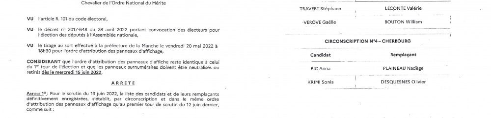 ARRETE PUBLICATION LISTE DES CANDIDATS POUR LE SECOND TOUR DES ELECTIONS LEGISLATIVES